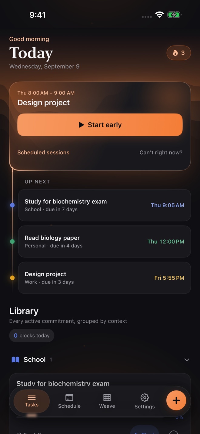 Filuma’s Focus view, with the next work block and upcoming tasks