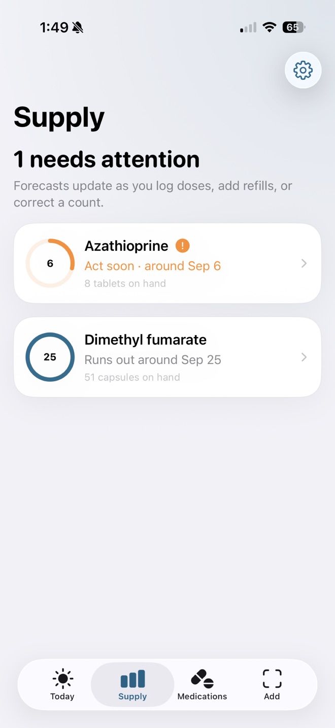 Meds Ahead’s Supply view, showing which medication needs attention next