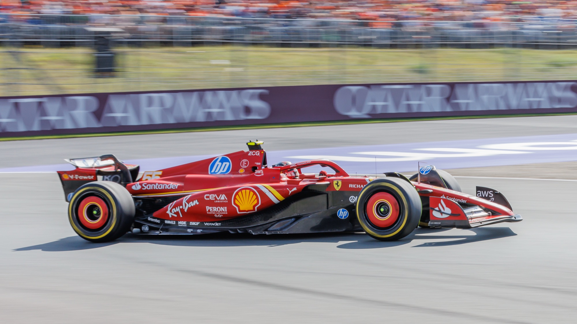 Carlos Sainz’s Ferrari Formula 1 car at speed during the 2024 Dutch Grand Prix